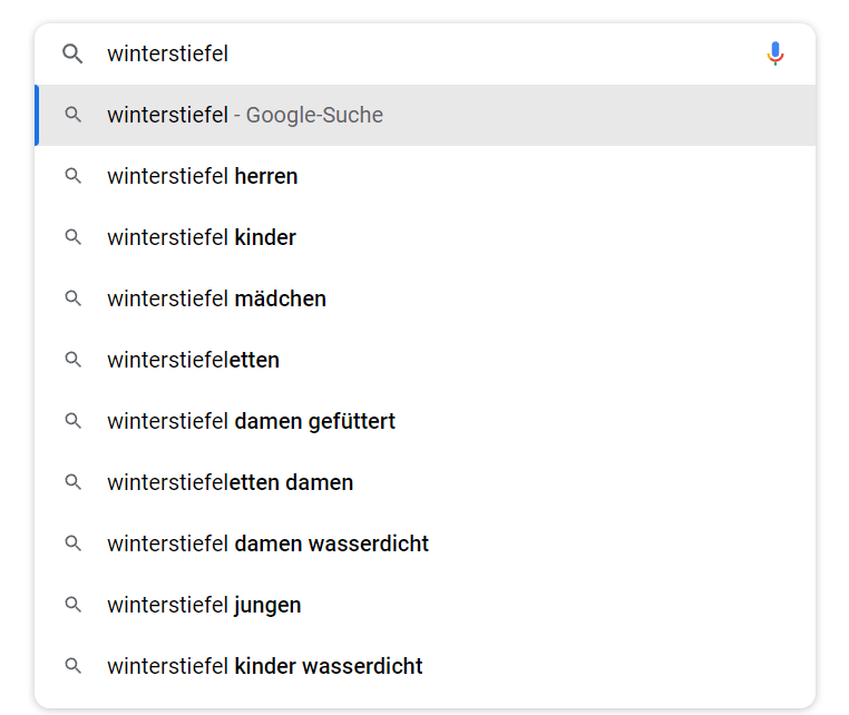 Suchanfrage über die Suchmaschine Google für das Keyword "winterstiefel" mit Google Suggest Autocomplete
