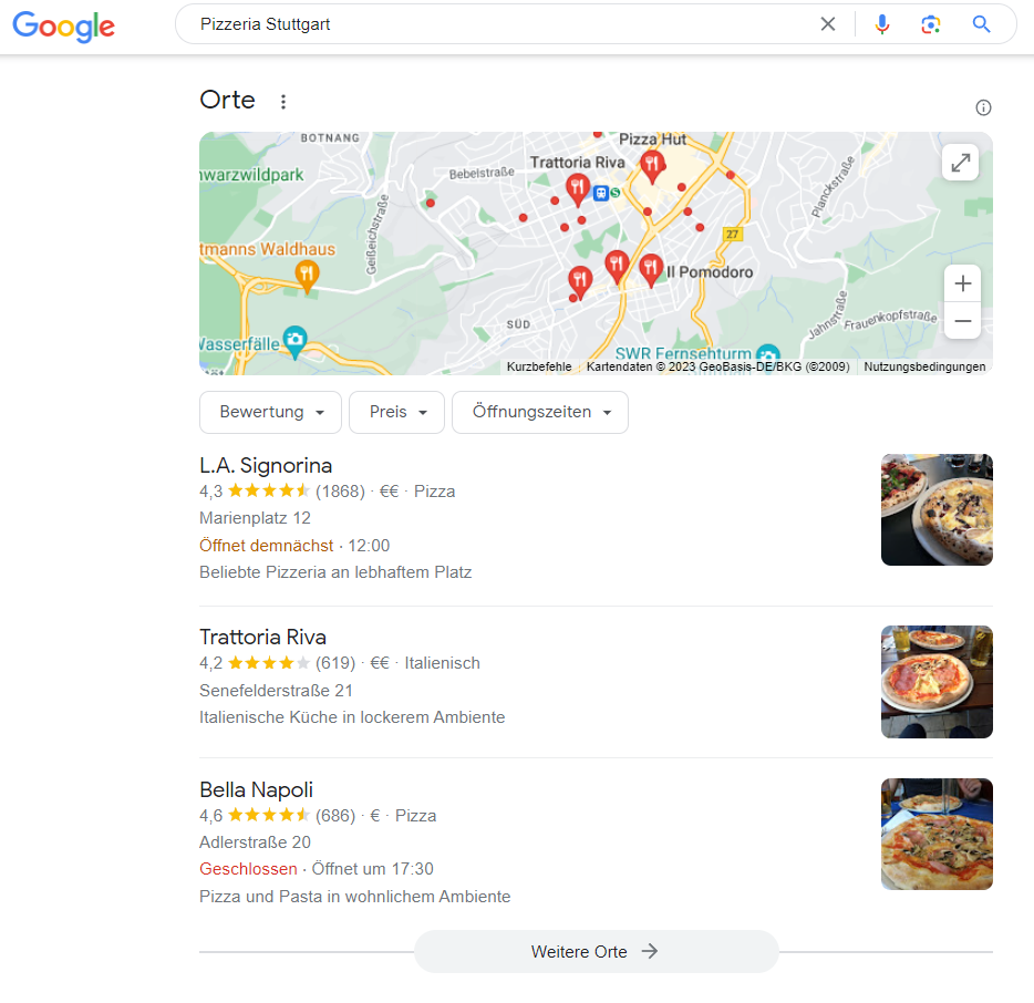 Google My Business Profile für die Suchanfrage "Pizzeria Stuttgart"
