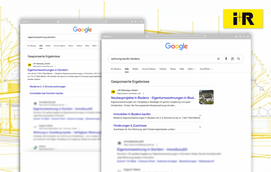 Google-Suchanzeigen von i+R Wohnbau für Eigentumswohnungen in Dornbirn und Bludenz