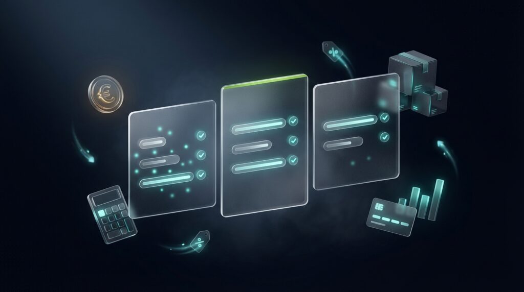 Shopify Kosten 2026 – Preisvergleich der Shopify-Pläne mit glasmorphen Pricing-Panels