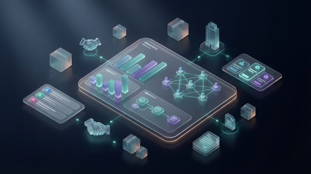 Shopify B2B Shop Dashboard – Glasmorphes 3D-Rendering mit Großhandel-Metriken und Business-Netzwerk