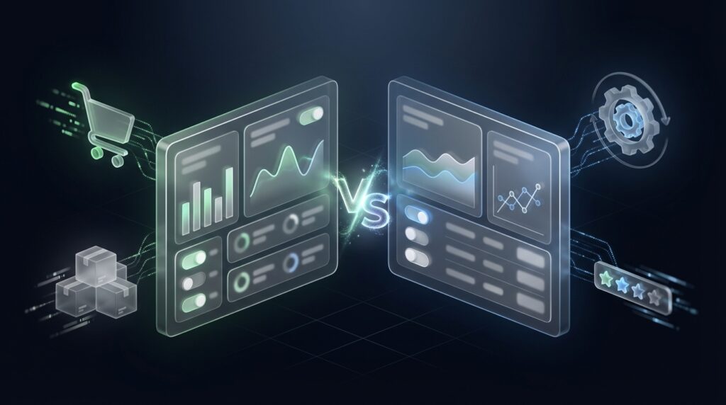 Shopify vs Shopware Vergleich 2026 – zwei glasmorphe Dashboard-Panels mit abstrakten E-Commerce-Metriken