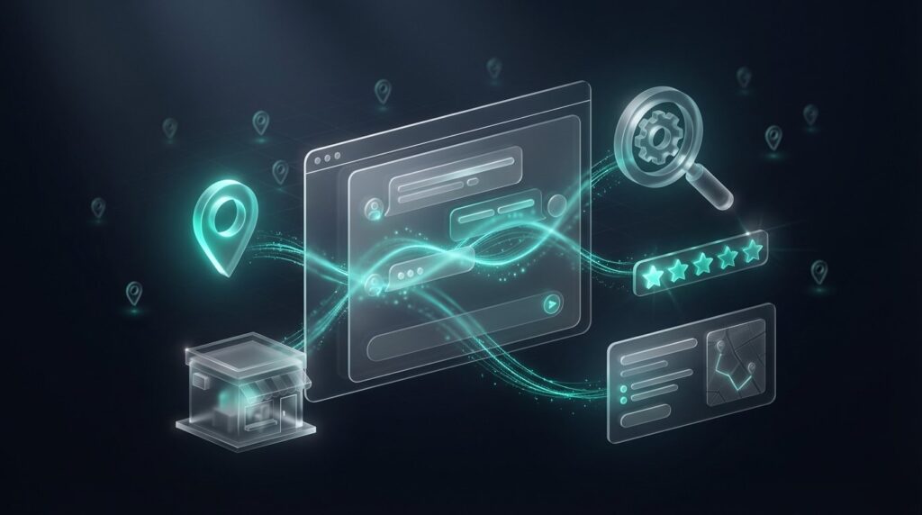 ChatGPT Sichtbarkeit fuer lokale Unternehmen - 3D-Visualisierung mit KI-Chat-Interface, Standort-Pin und Bewertungssternen