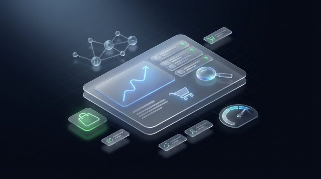 Shopify SEO Dashboard – Glasmorphes 3D-Rendering mit SEO-Metriken und Warenkorb auf dunklem Hintergrund