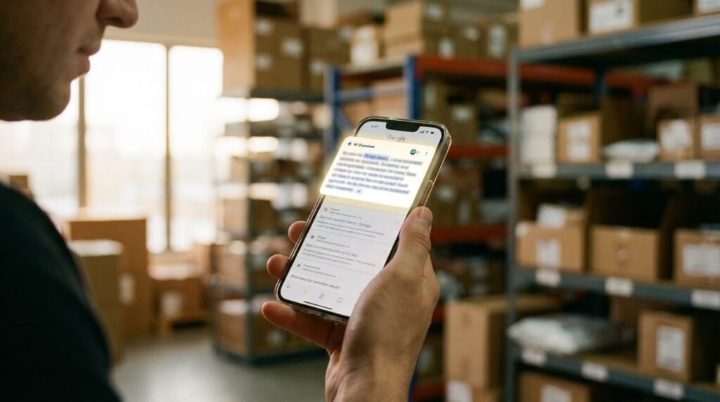 AI Overviews E-Commerce – Smartphone mit Google AI Overview vor E-Commerce Lager