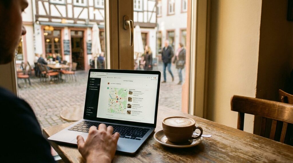 ChatGPT Sichtbarkeit lokale Unternehmen – Laptop mit ChatGPT im Café