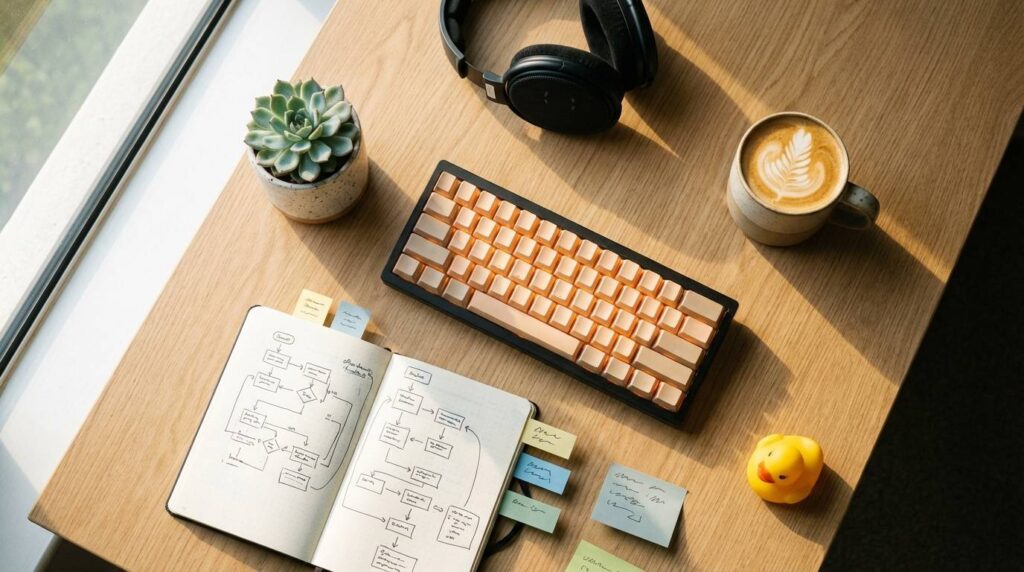 Developer Flat-Lay Arbeitsplatz mit mechanischer Tastatur und Notizbuch – Claude Code Guide