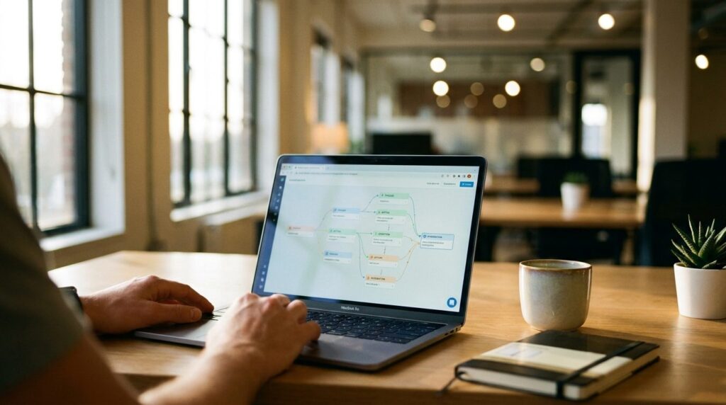 Claude Code Routines Workflow-Automatisierung – Over-the-Shoulder-Perspektive auf Laptop mit Workflow-Diagramm in modernem Büro
