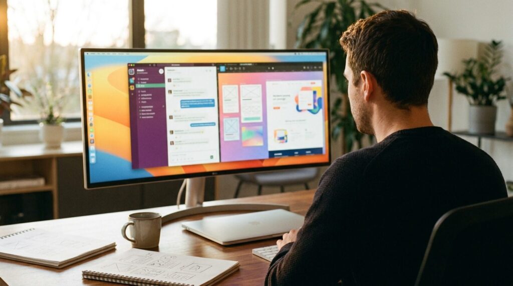 Claude Design KI-Tool – Over-the-Shoulder-Ansicht eines Kreativprofis am Arbeitsplatz mit Design-Interface auf dem Monitor