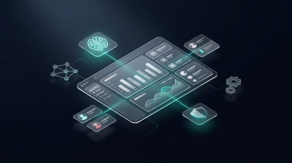 Claude für Unternehmen 2026 – KI-Enterprise-Dashboard mit glasmorphen Panels und Analytics