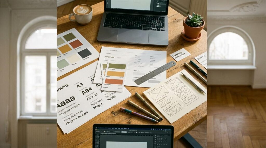 Designsystem Website: Flat-Lay mit Farbpaletten-Karten, Typografie-Sheets, Wireframe-Skizzen und MacBook auf warmem Eichenholz-Schreibtisch