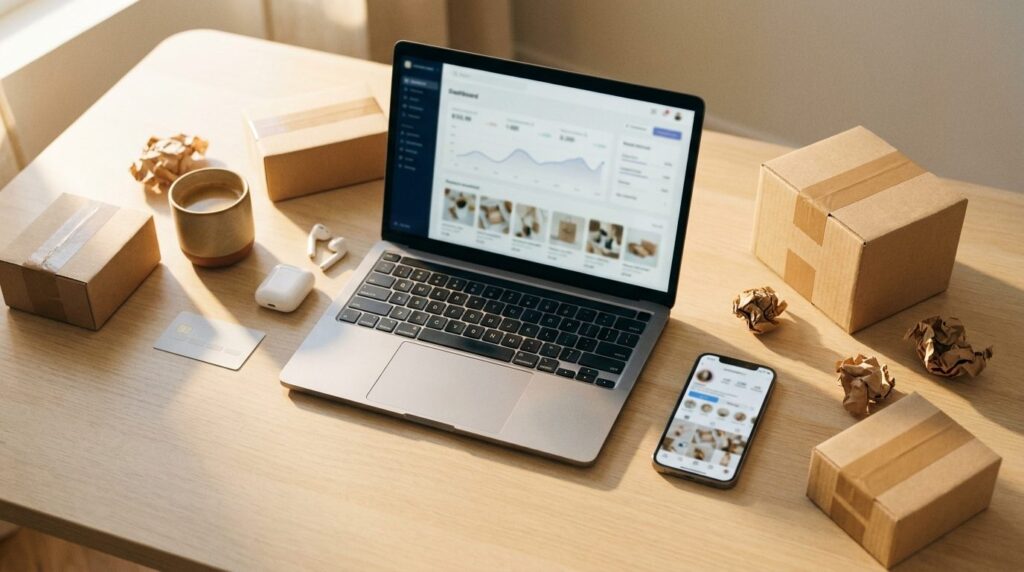 E-Commerce Trends 2026 Deutschland – Flat-Lay eines modernen E-Commerce-Arbeitsplatzes mit Laptop, Smartphone und Versandboxen