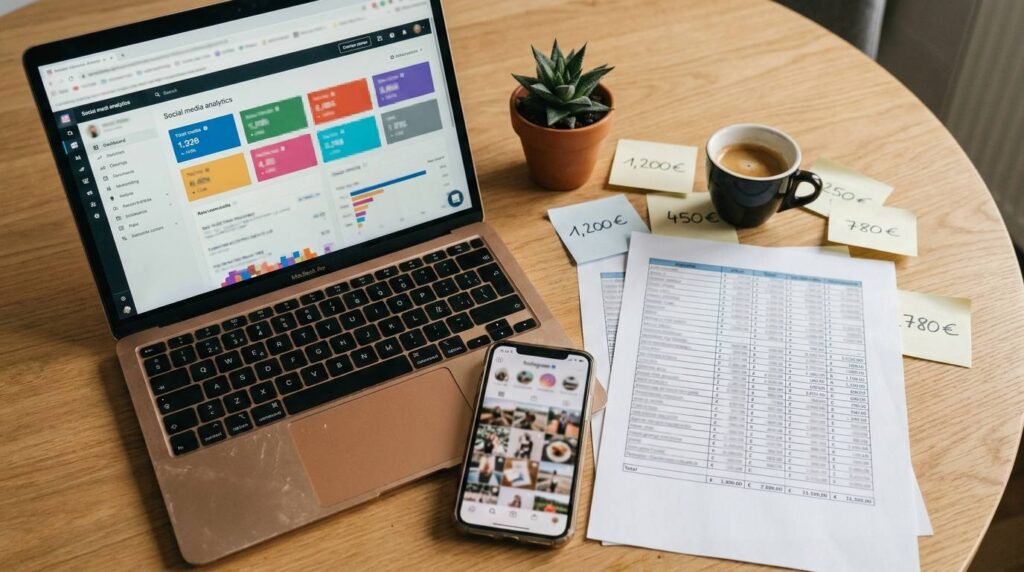 Facebook Ads Kosten 2026: Laptop mit Social-Media-Analytics-Dashboard, Smartphone und Budgetplanung auf einem Schreibtisch