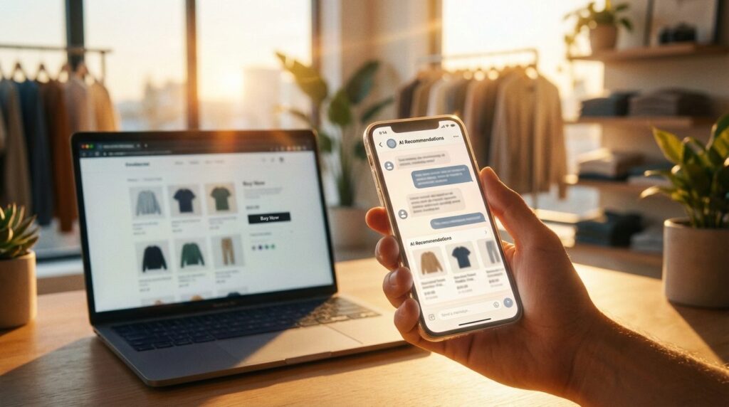 GEO für Online-Shops – Smartphone mit ChatGPT Shopping-Empfehlungen