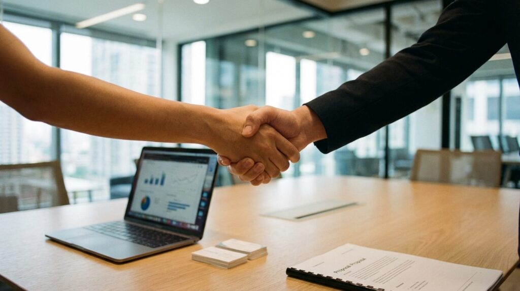 Google Ads Agentur beauftragen – Handschlag über Konferenztisch mit Kampagnen-Ergebnissen