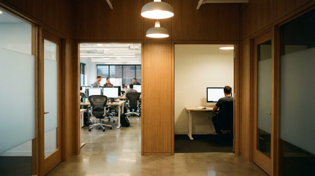 Google Ads Agentur vs Inhouse – Büroflur mit zwei Optionen als visuelle Metapher