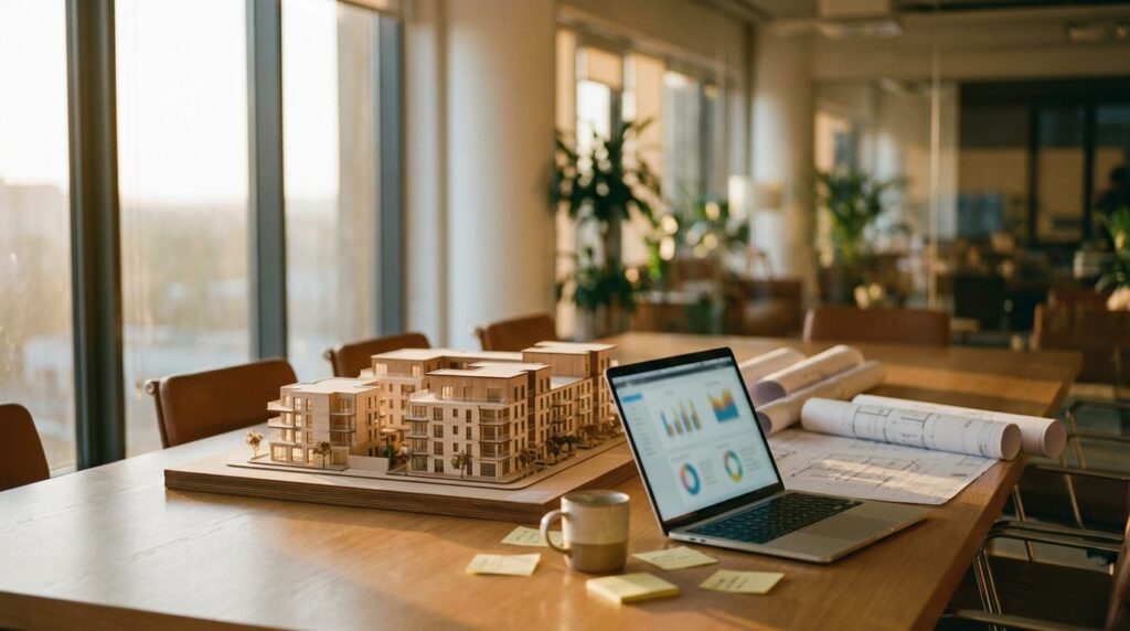 Google Ads für Immobilien – Architekturmodell eines Neubauprojekts neben Laptop mit Kampagnen-Analytics auf Konferenztisch