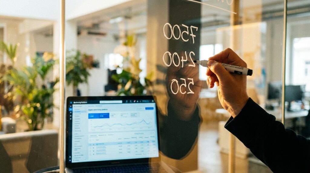 Google Ads Kosten 2026 – Hand schreibt Budget-Zahlen auf Glas-Whiteboard