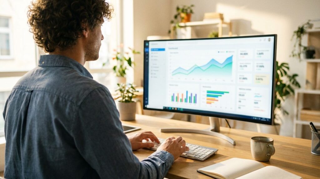 Performance Max 2026 Dashboard – Marketing-Experte analysiert Google Ads Kampagnen-Performance am Monitor