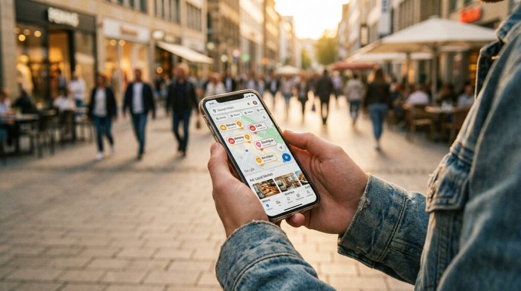 Google Ads Stuttgart – Smartphone mit Google Maps Ads in der Stuttgarter Innenstadt