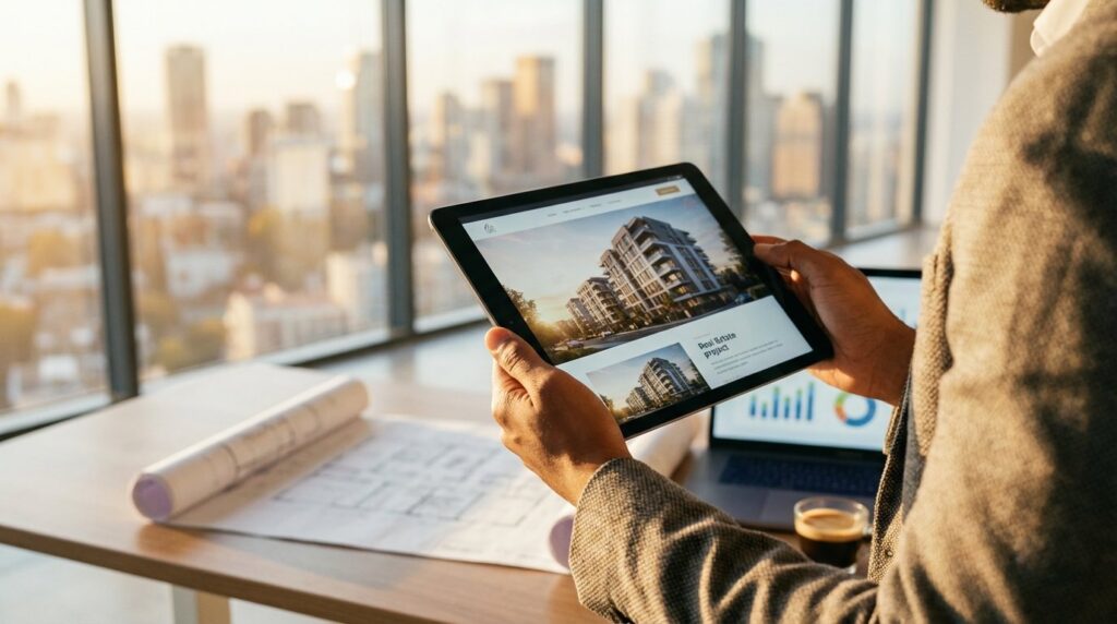 Immobilien Marketing - Projektentwickler analysiert Neubauprojekt-Website auf Tablet