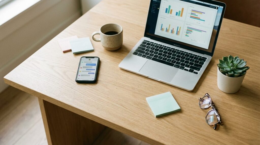 KI für KMU: Arbeitsplatz mit Laptop, Smartphone und Analysetools – Künstliche Intelligenz im Alltag kleiner Unternehmen