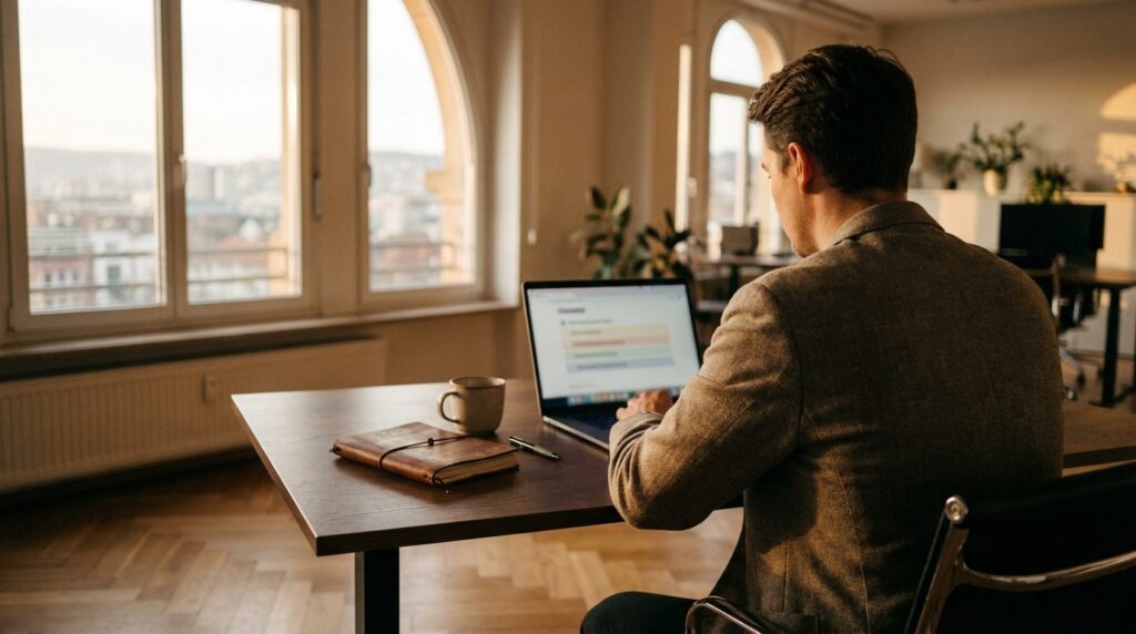 Person am Schreibtisch in Stuttgart Altbau-Büro mit Laptop und Checkliste – KI-Kompetenzpflicht EU AI Act umsetzen