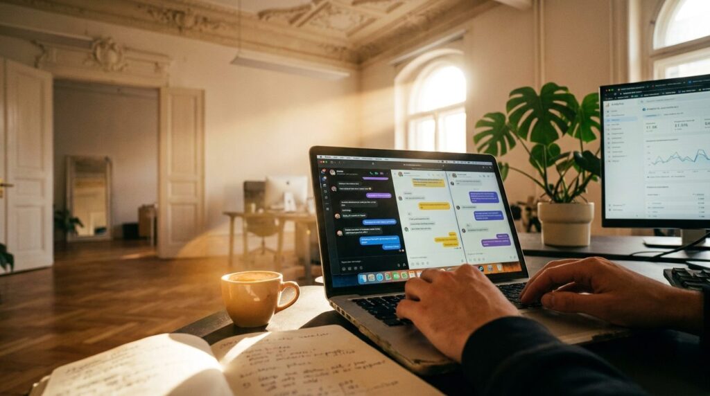 KI-Modelle Vergleich 2026: MacBook mit AI-Chat-Interfaces in einem Stuttgarter Altbaubüro, warmes Licht