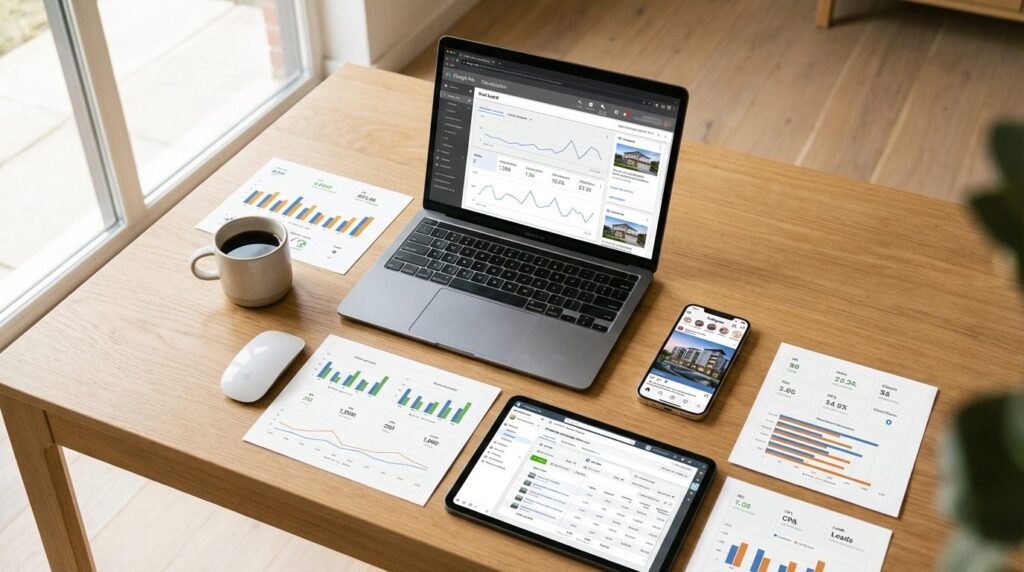 Neubauprojekte vermarkten – Marketing-Dashboard mit Google Ads und Social Media Kampagnen für Immobilien