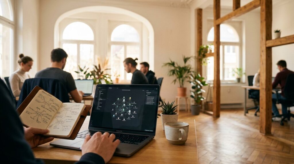 Obsidian Claude KI-Wissensmanagement: MacBook mit Knowledge Graph in einem Altbau-Agentur-Büro
