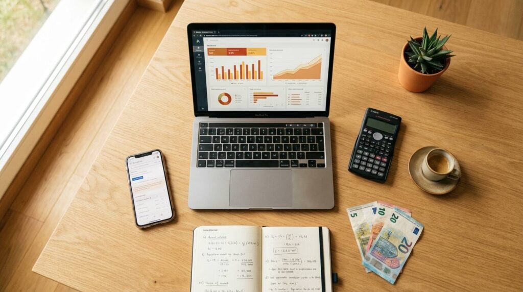 ROAS berechnen und optimieren – Flat-Lay Arbeitsplatz mit Laptop-Dashboard, Taschenrechner, Notizbuch und Euro-Scheinen