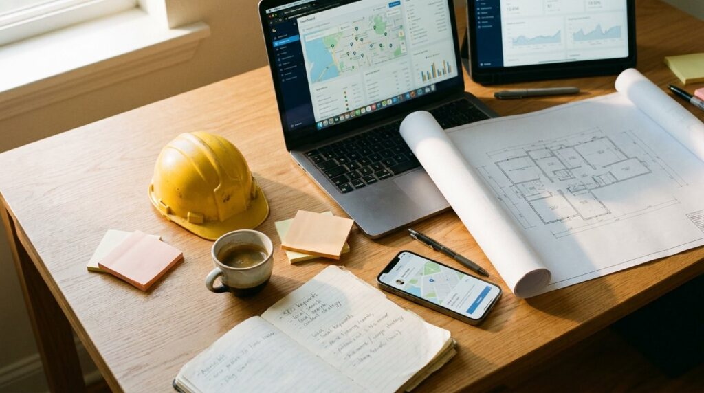 SEO für Bauunternehmen – Flat-Lay Schreibtisch mit Laptop, Bauplan, Helm und Local SEO Dashboard