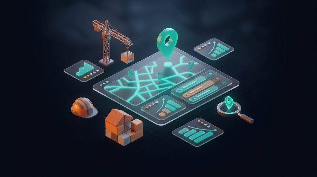 SEO für Bauunternehmen – Dashboard mit lokaler Sichtbarkeit und Bau-Elementen