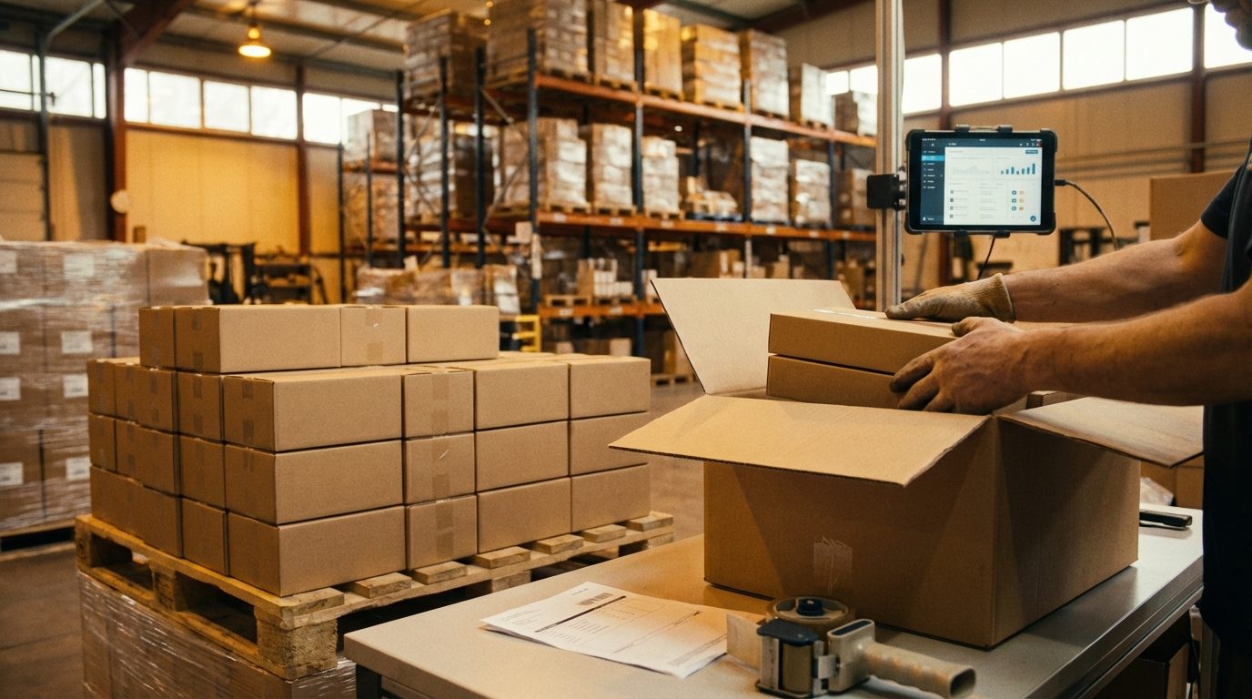 Shopify B2B 2026 – Großhandel-Packstation mit Tablet und Bulk-Bestellungen
