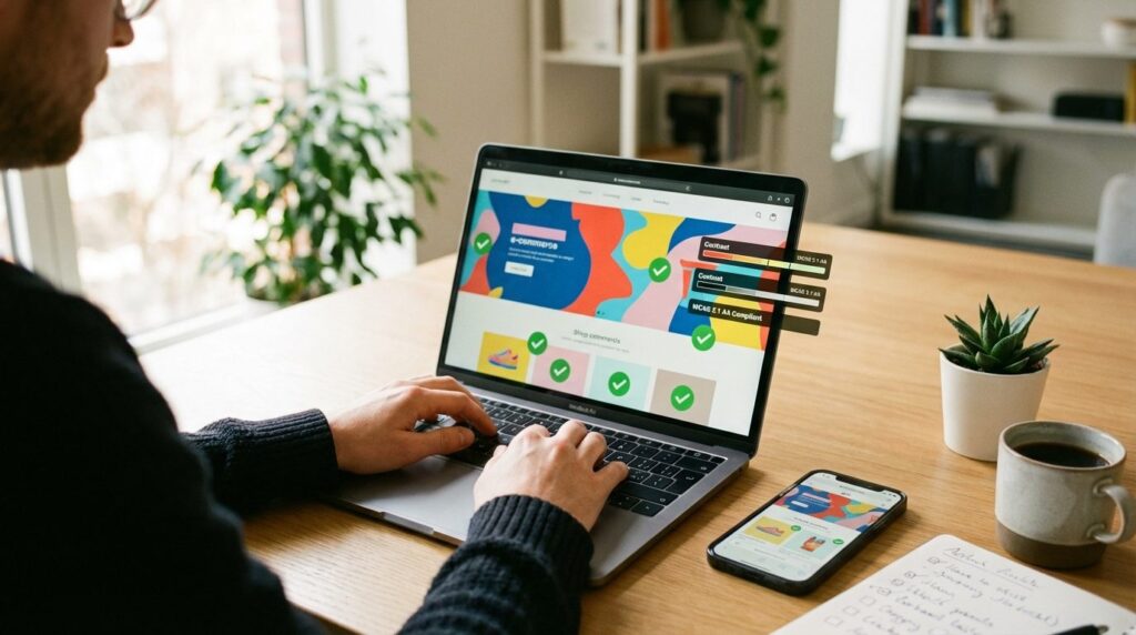 Shopify Barrierefreiheit BFSG – Person prüft Online-Shop auf Barrierefreiheit am Laptop