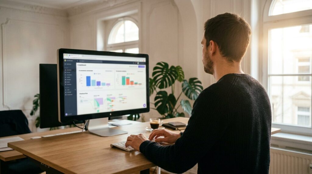 Shopify Conversion Rate optimieren – Agenturmitarbeiter analysiert E-Commerce Dashboard mit Conversion-Daten im Stuttgarter Altbaubüro