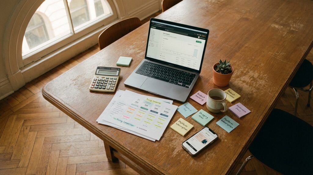 Shopify Kosten 2026 – Flat-Lay Schreibtisch mit Laptop, Taschenrechner und Preislisten