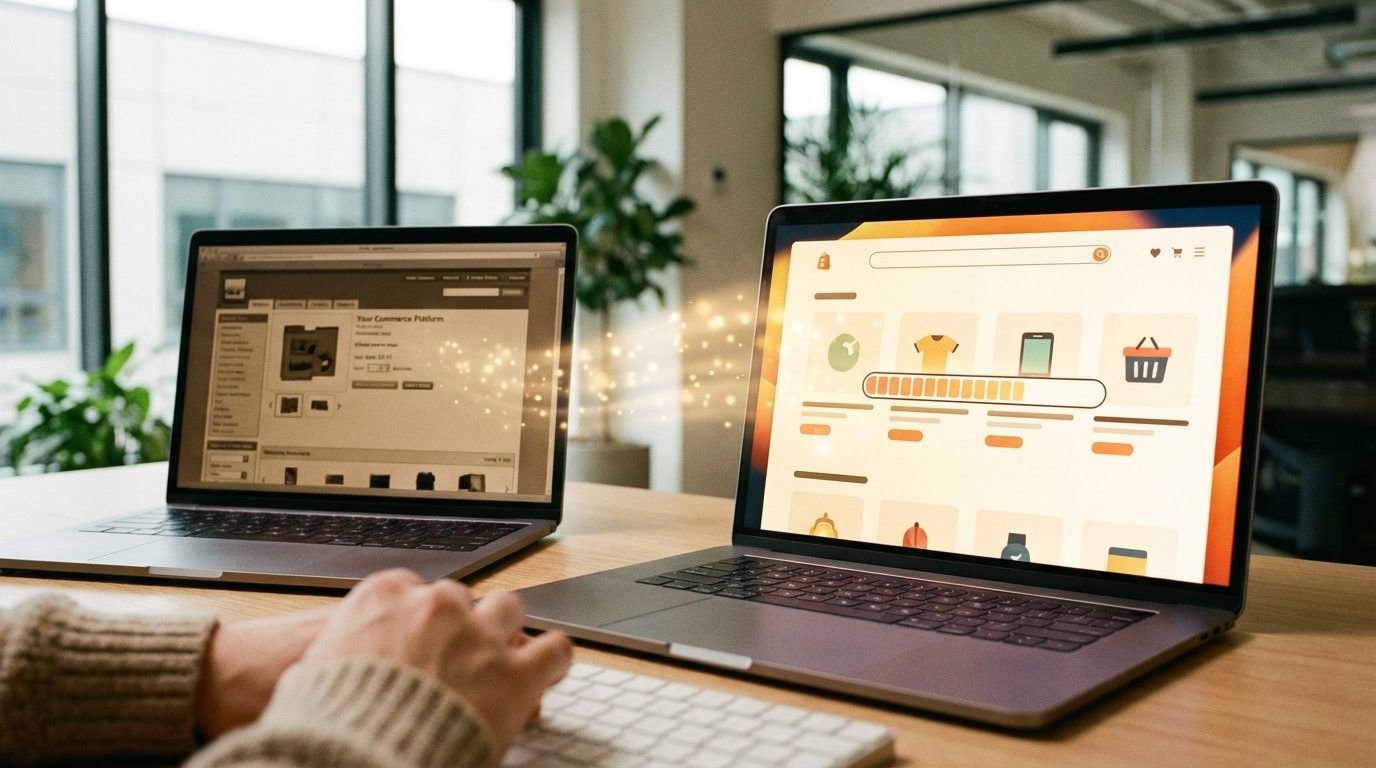 Shopify Migration – Zwei Laptops symbolisieren den Plattform-Umzug