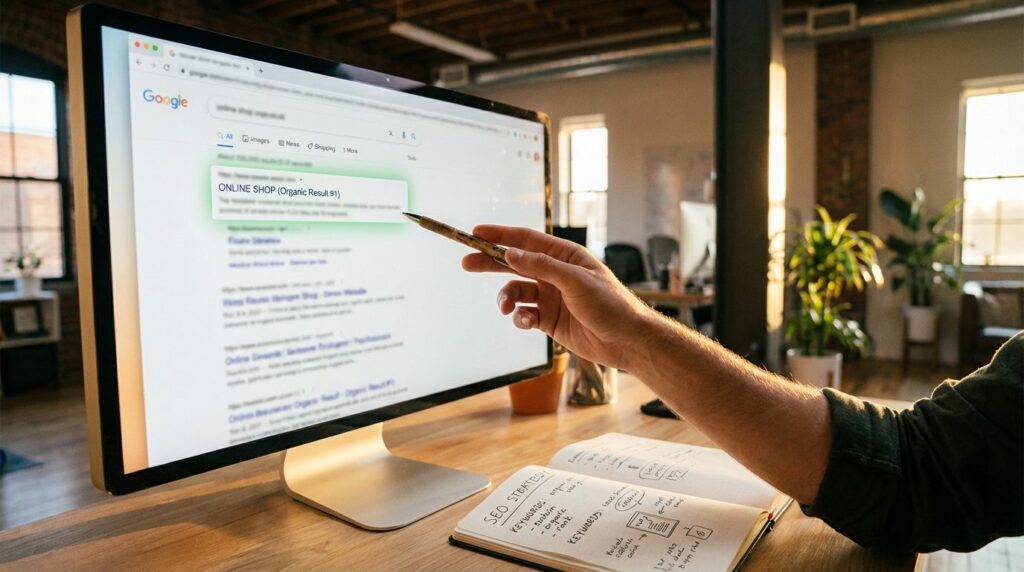 Shopify SEO – Monitor mit Google-Suchergebnissen und SEO-Notizen