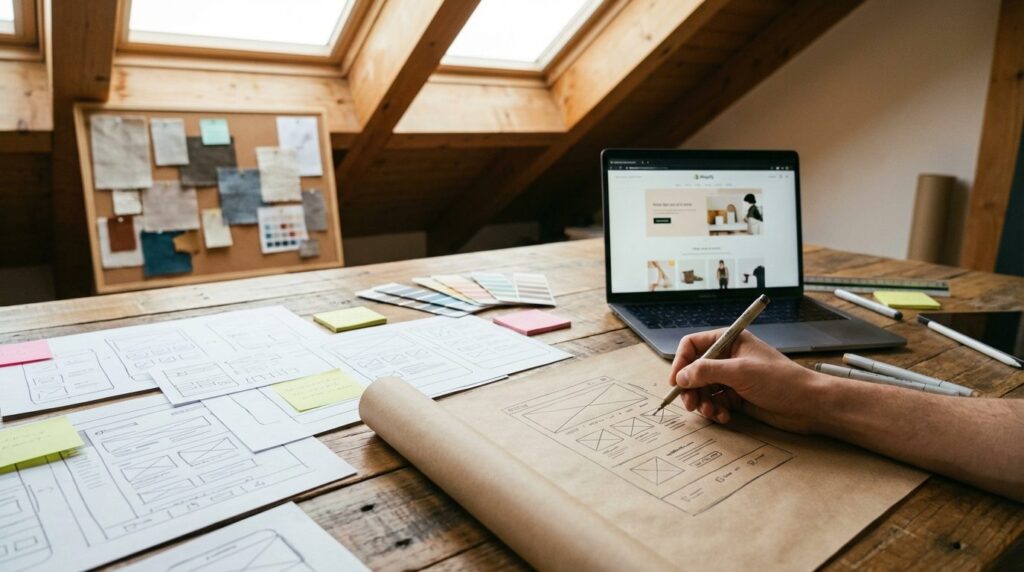 Shopify Shop erstellen lassen – Designer-Workspace mit Wireframes und fertigem Shop