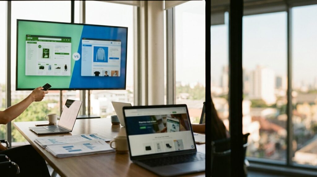 Shopify vs Shopware Vergleich – Konferenzraum mit Plattform-Vergleich auf Screen