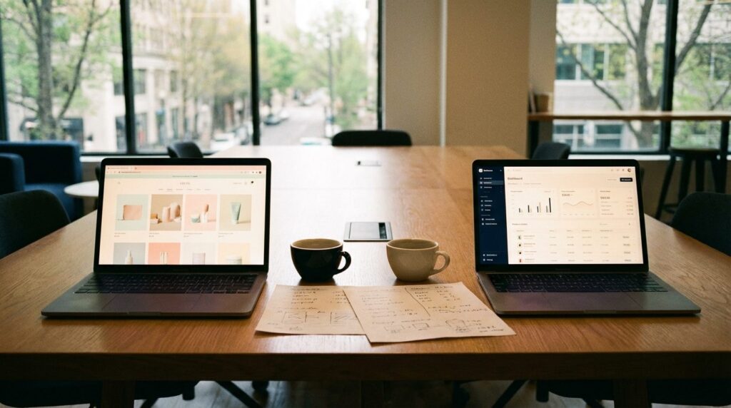 Shopify vs WooCommerce Vergleich – Zwei Laptops mit Shop-Plattformen nebeneinander