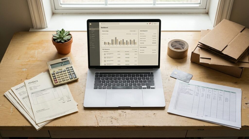 Shopware Kosten 2026 – Flat-Lay mit Laptop, Taschenrechner und Rechnungen