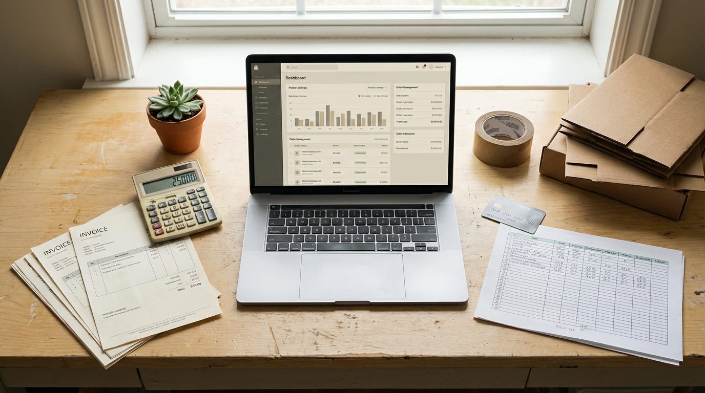 Shopware Kosten 2026 – Flat-Lay mit Laptop, Taschenrechner und Rechnungen