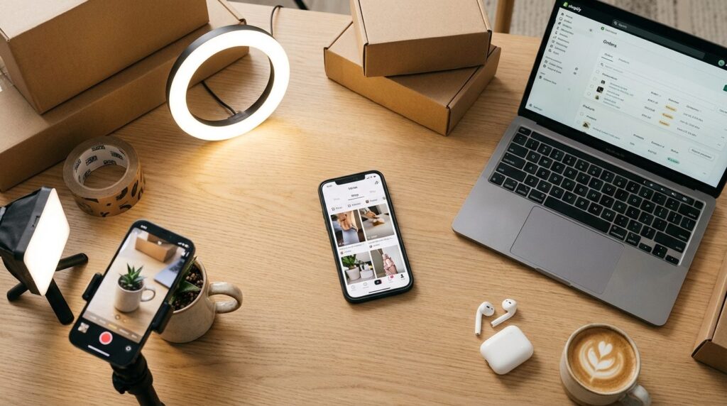 TikTok Shop Shopify – Smartphone mit TikTok und Laptop mit Shopify Dashboard auf Schreibtisch