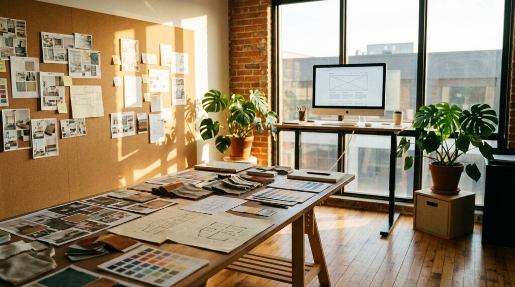 Modernes Design-Studio mit Moodboards und natürlichem Licht – Webdesign Trends 2026