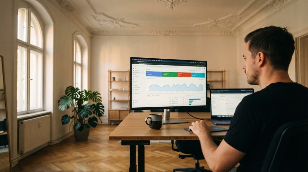 Website optimieren – Person analysiert Website-Performance am Laptop im Büro