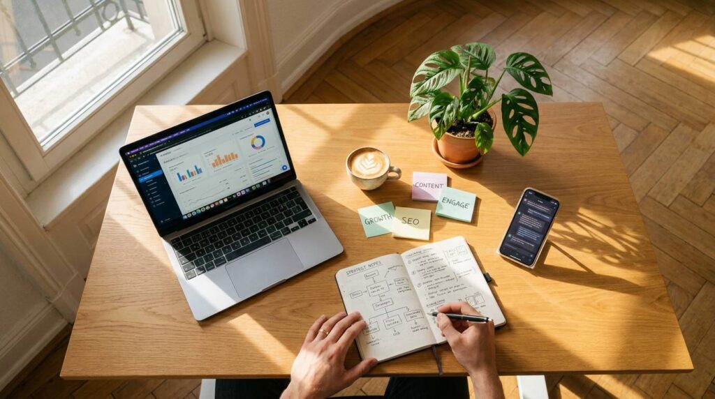 GEO Strategie 2026: Flat-Lay eines Schreibtischs mit Analytics-Dashboard, Strategie-Notizbuch und Kaffee im Stuttgarter Altbaubüro