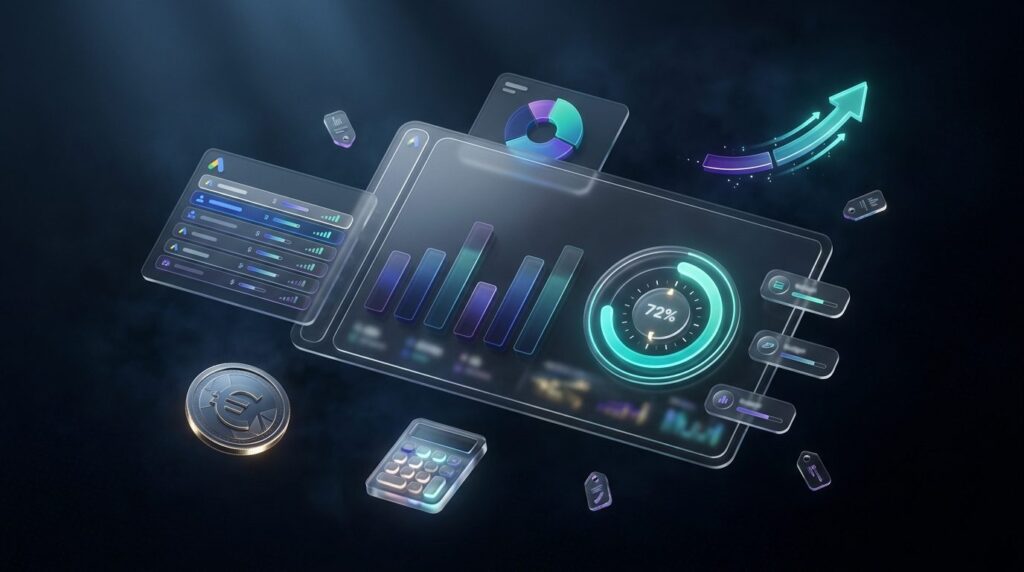 Google Ads Budget planen – Dashboard mit Budget-Allocation, CPC-Benchmarks und Kampagnenstruktur als 3D-Rendering