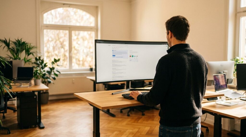 Zero-Click SEO für Online-Shops: Over-the-Shoulder Ansicht einer Person am Standing Desk mit Google-Suchergebnissen und AI Overview auf dem Monitor